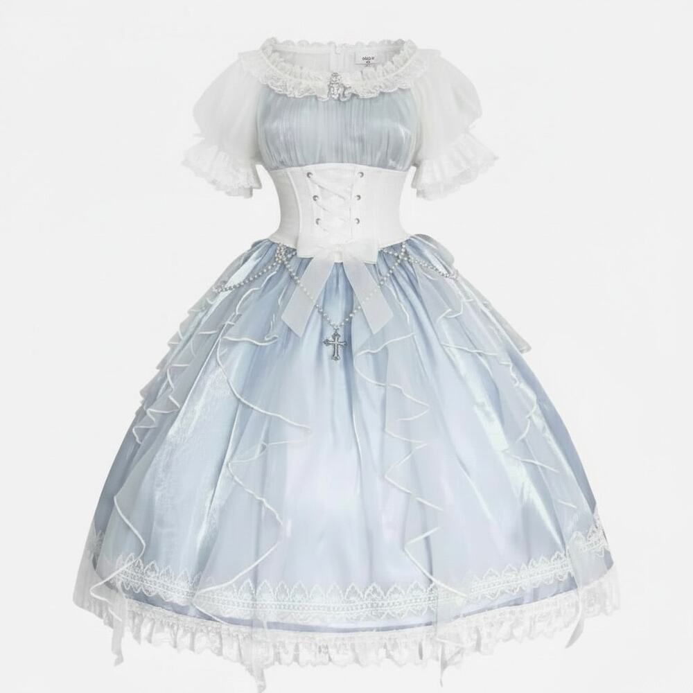 Fairy Princess Lolita Dress Puff Sleeve Chiffon Sparkle Corset Dress XL NWOT